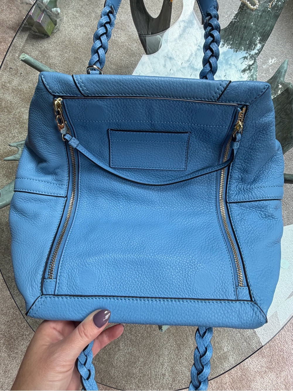 Tory Burch Half Moon LG Blue Braided-Handle Shoulder Bag Detachable Strap - Picture 9 of 16